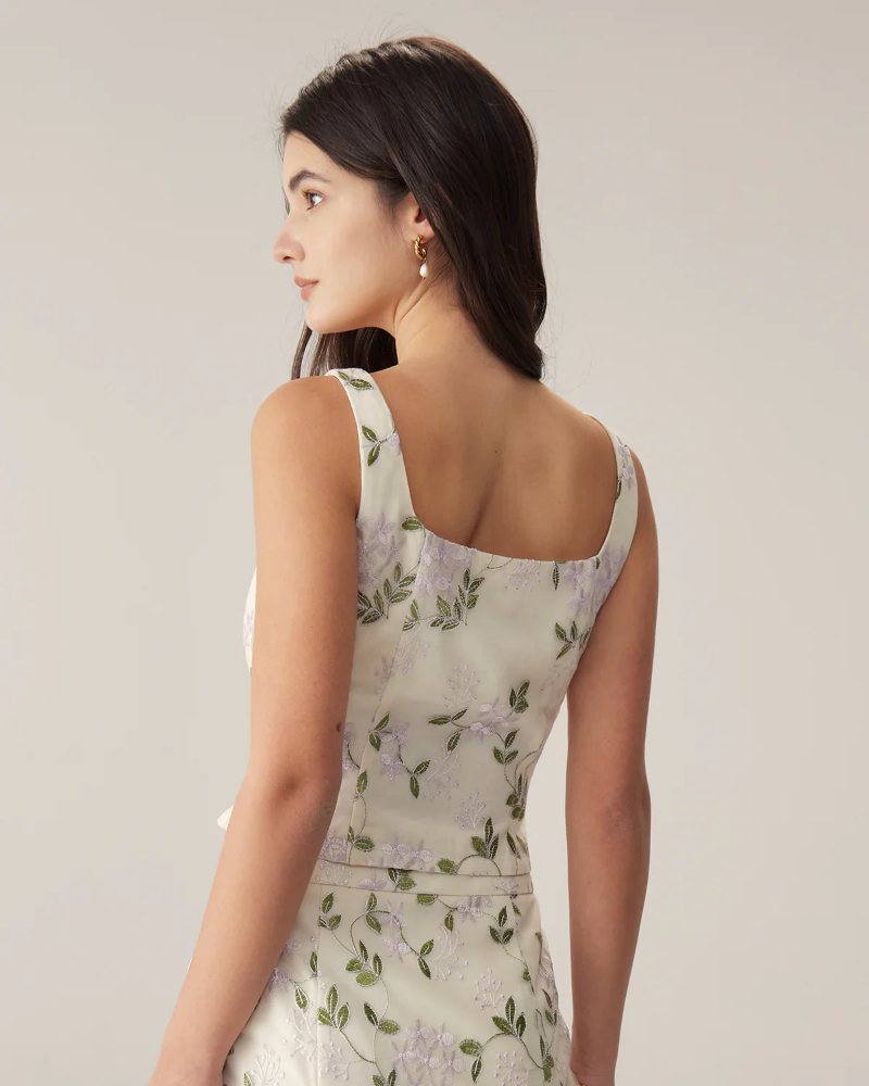 Natalie Women's Floral Tank Top – Beige Slim Fit Sleeveless Summer Top