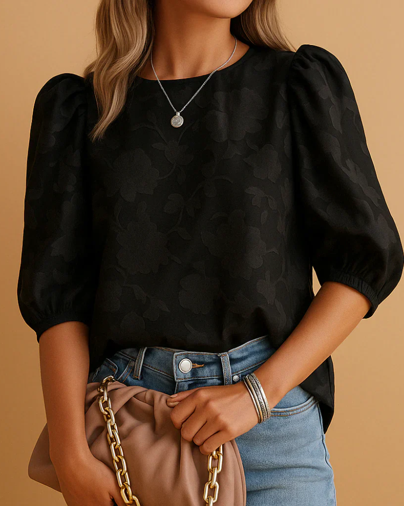 Harriet Women's Floral Blouse – Puff Sleeves, Crew Neck & Elastic Cuffs