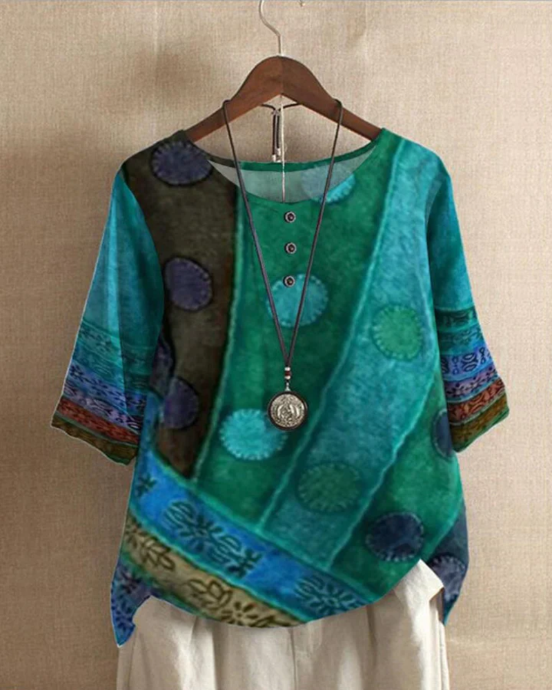 Penelope Women's Boho Blouse – Artistic Print Loose Fit Top with Button Details