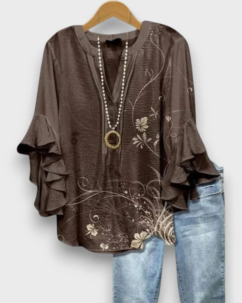 Evelyn Women's Floral Blouse – V-Neck Top with Ruffle Sleeves & Flowy Fit