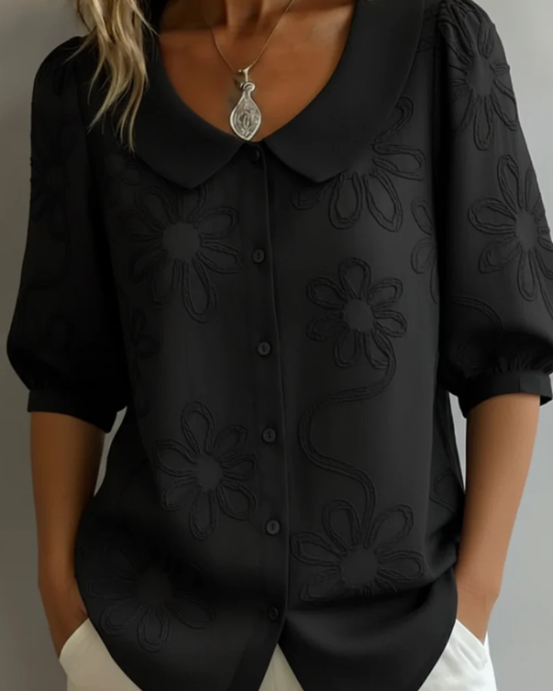 Olivia Women's Embroidered Blouse – Short Sleeve Button Top with Floral Detail