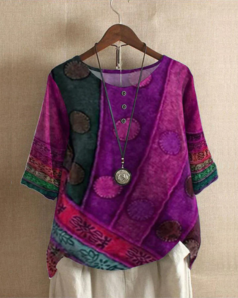 Penelope Women's Boho Blouse – Artistic Print Loose Fit Top with Button Details