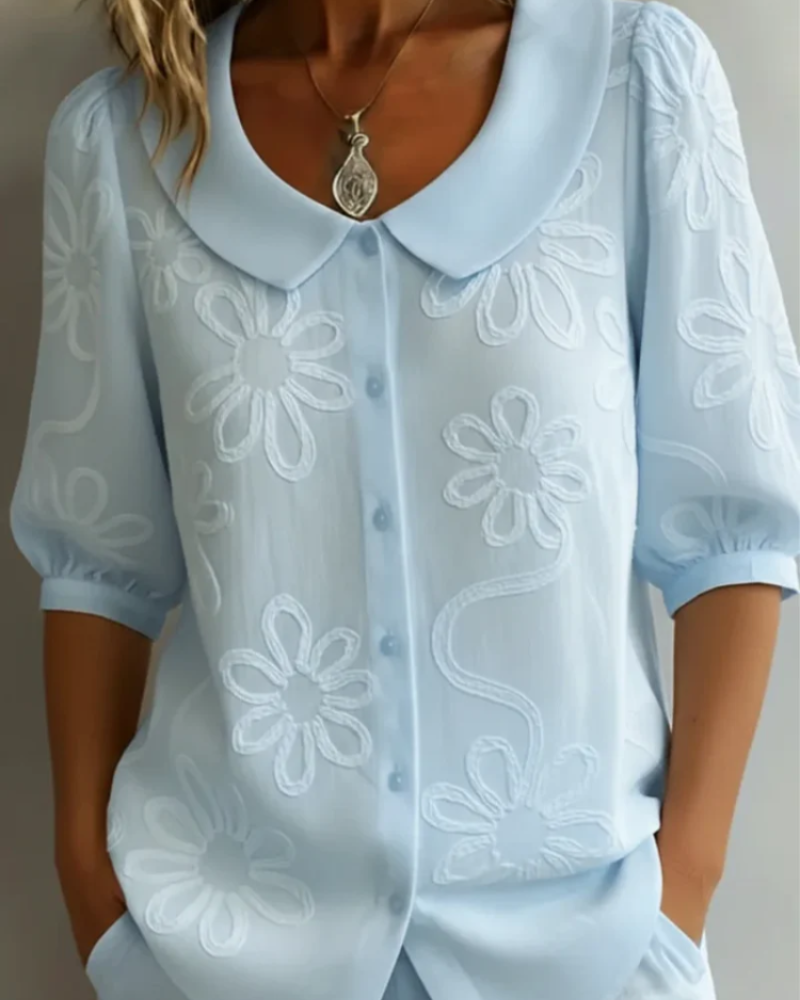 Olivia Women's Embroidered Blouse – Short Sleeve Button Top with Floral Detail