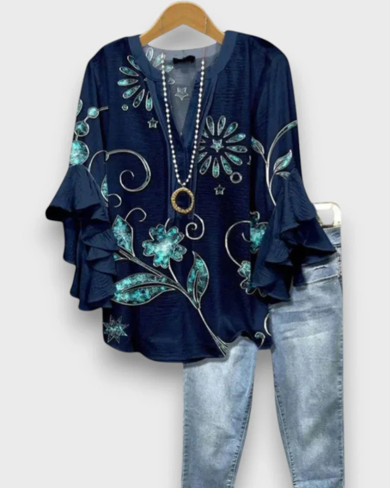 Evelyn Women's Floral Blouse – V-Neck Top with Ruffle Sleeves & Flowy Fit