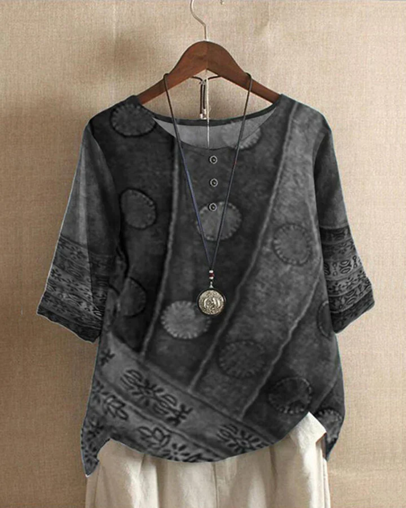 Penelope Women's Boho Blouse – Artistic Print Loose Fit Top with Button Details