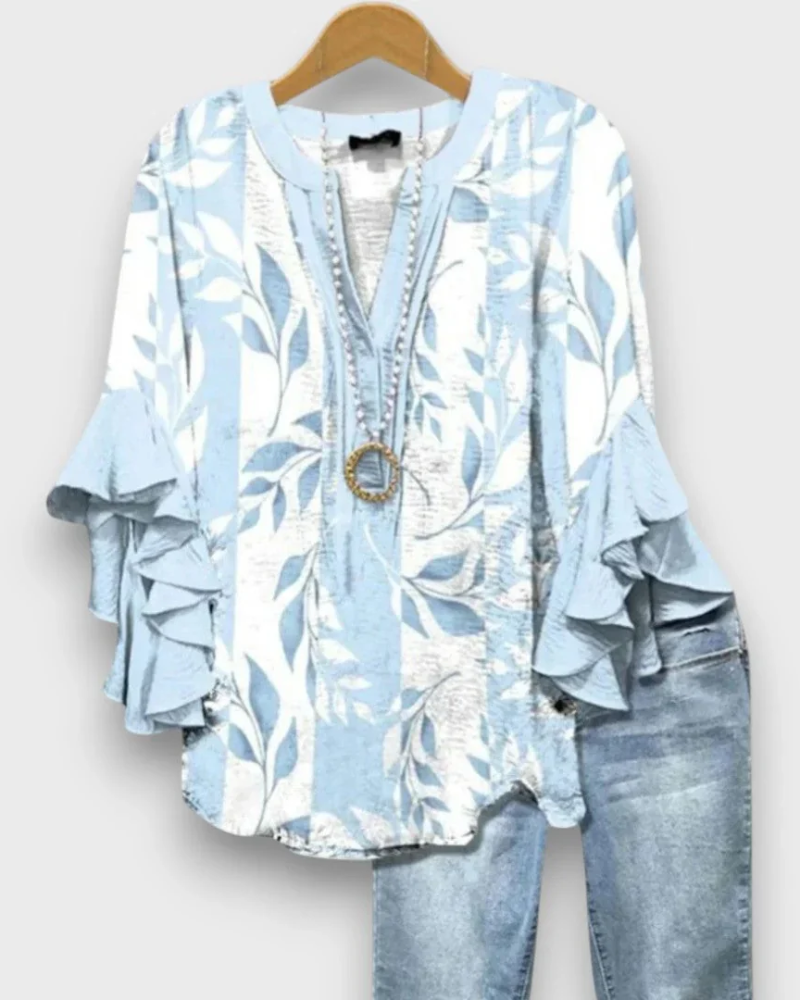 Evelyn Women's Floral Blouse – V-Neck Top with Ruffle Sleeves & Flowy Fit