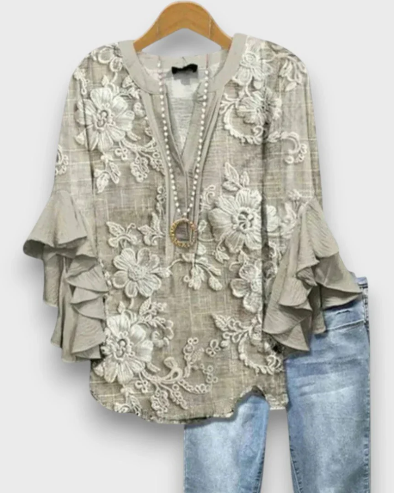 Evelyn Women's Floral Blouse – V-Neck Top with Ruffle Sleeves & Flowy Fit