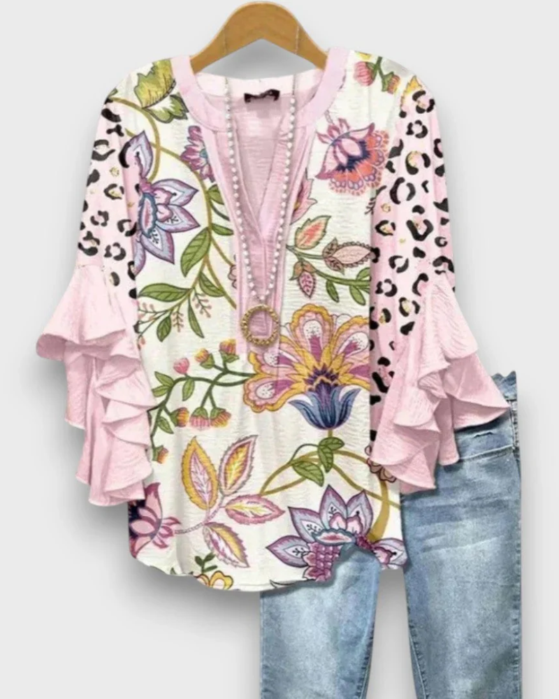 Evelyn Women's Floral Blouse – V-Neck Top with Ruffle Sleeves & Flowy Fit