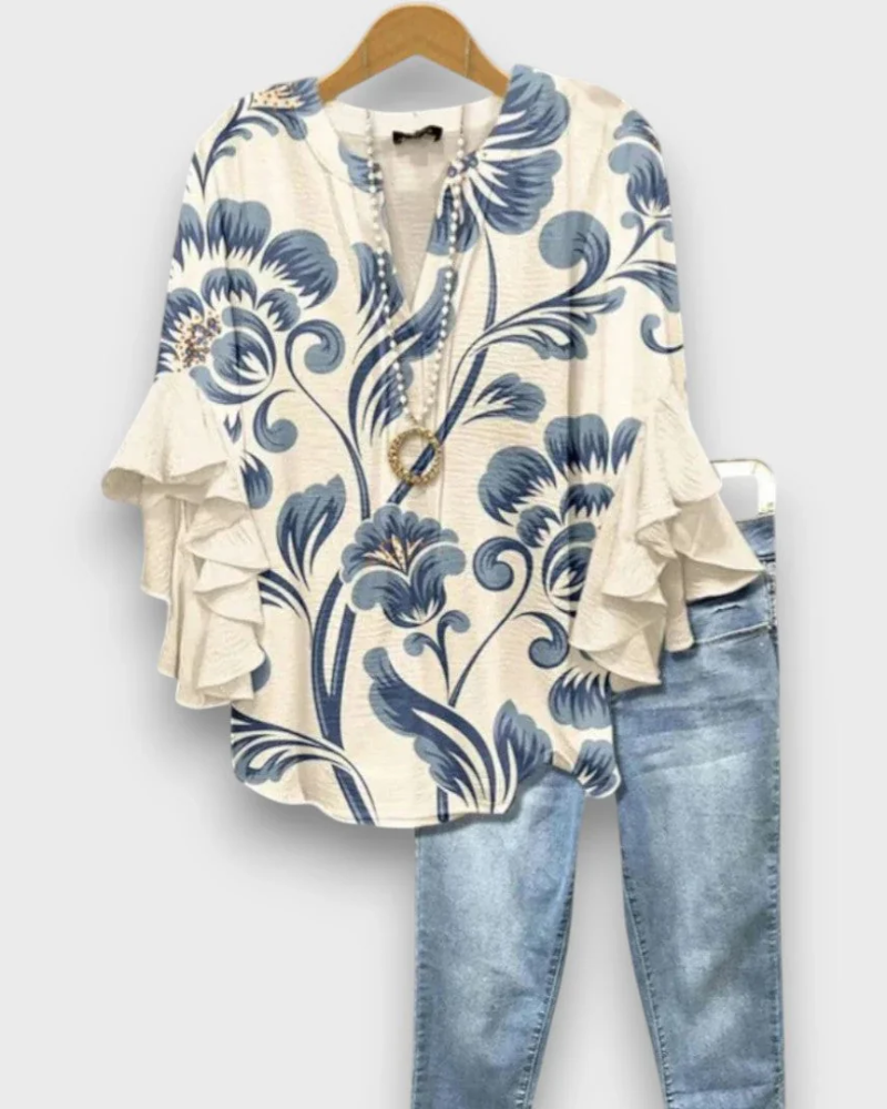 Evelyn Women's Floral Blouse – V-Neck Top with Ruffle Sleeves & Flowy Fit