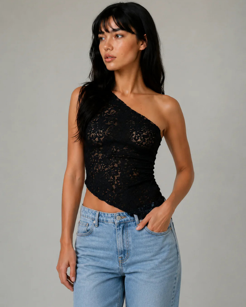 Audrey Women's One-Shoulder Lace Top – Fitted Asymmetrical Evening Blouse