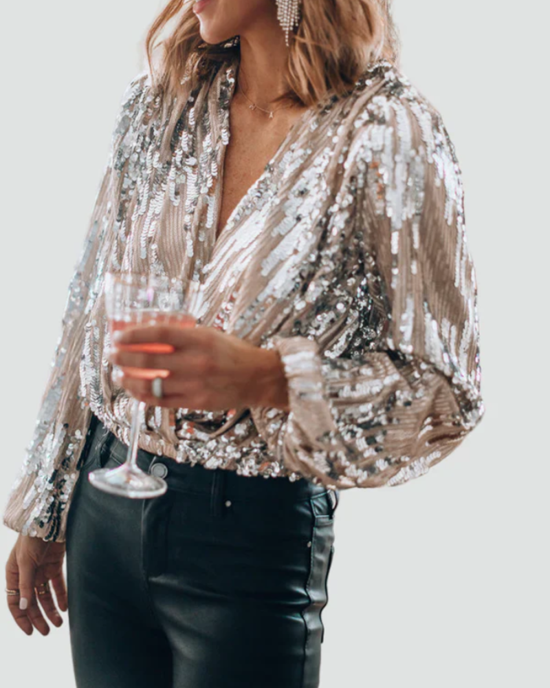 Scarlett Women's Sequin Blouse – Deep V-Neck, Long Sleeves & Comfortable Lining