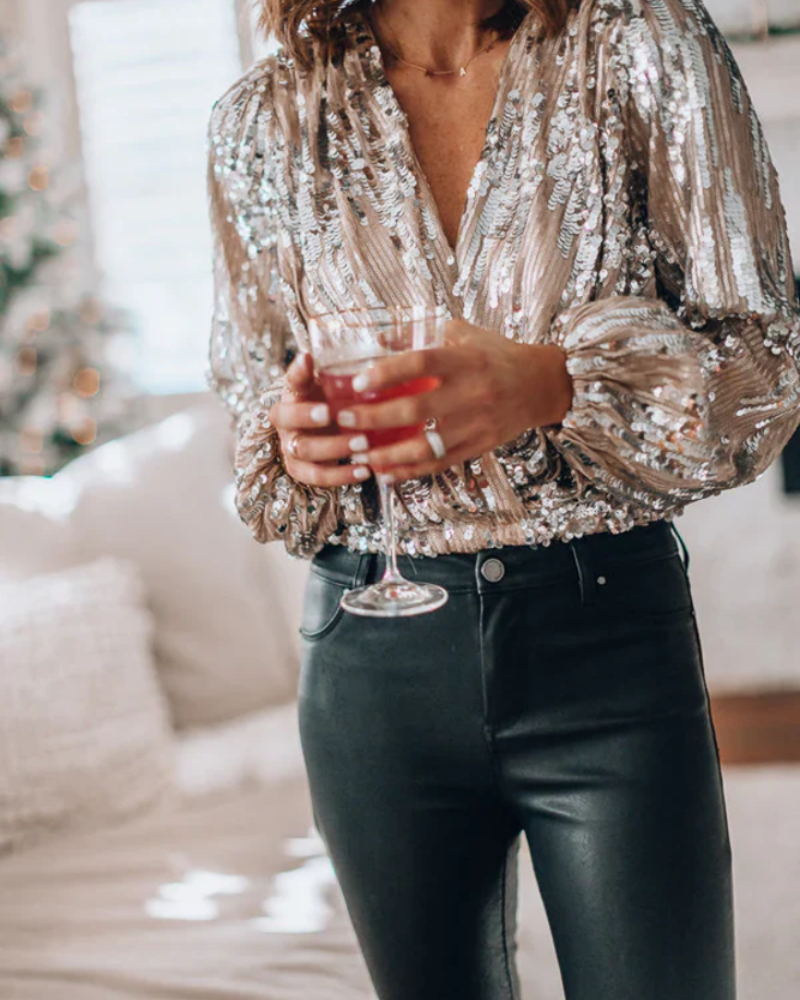 Scarlett Women's Sequin Blouse – Deep V-Neck, Long Sleeves & Comfortable Lining