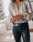 Scarlett Women's Sequin Blouse – Deep V-Neck, Long Sleeves & Comfortable Lining