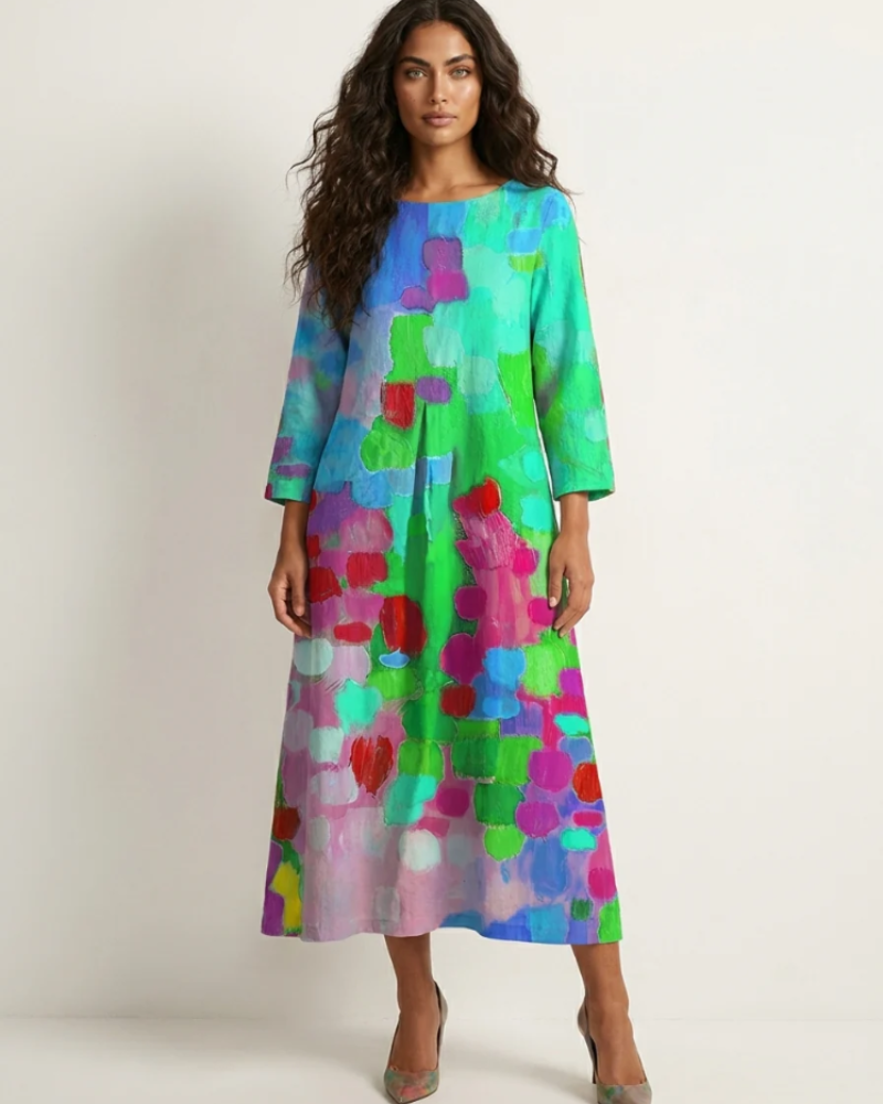 Violet Women's Maxi Dress – Colorful Artistic Print with Relaxed Flowy Fit