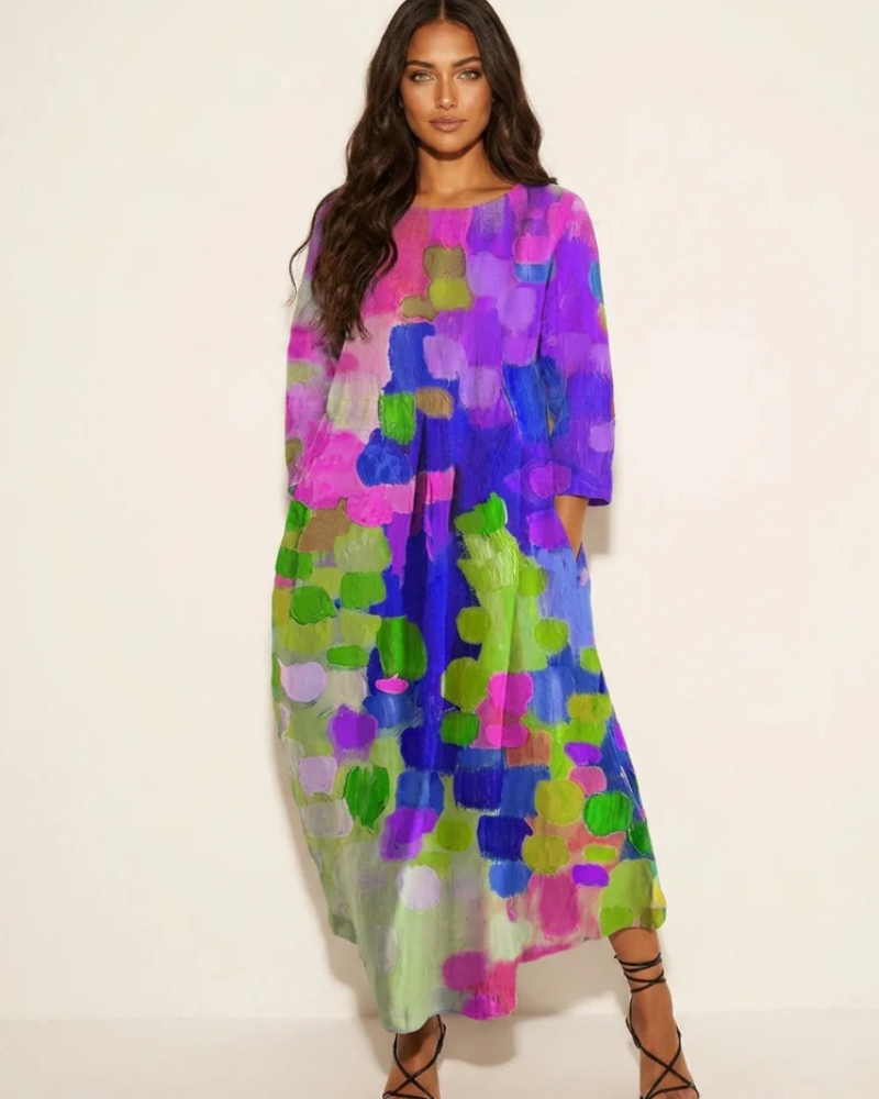 Violet Women's Maxi Dress – Colorful Artistic Print with Relaxed Flowy Fit