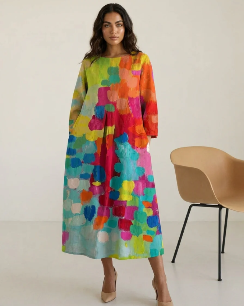 Violet Women's Maxi Dress – Colorful Artistic Print with Relaxed Flowy Fit